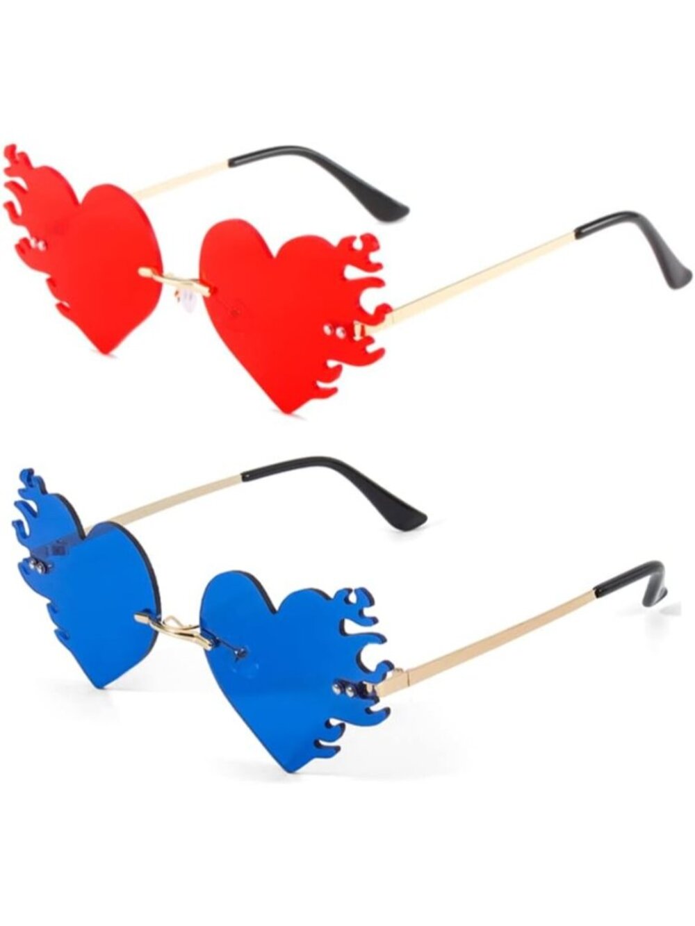 Women's Dark Blue Red Trendy Rimless Melting Heart Fire Flame Novelty Sunglasses